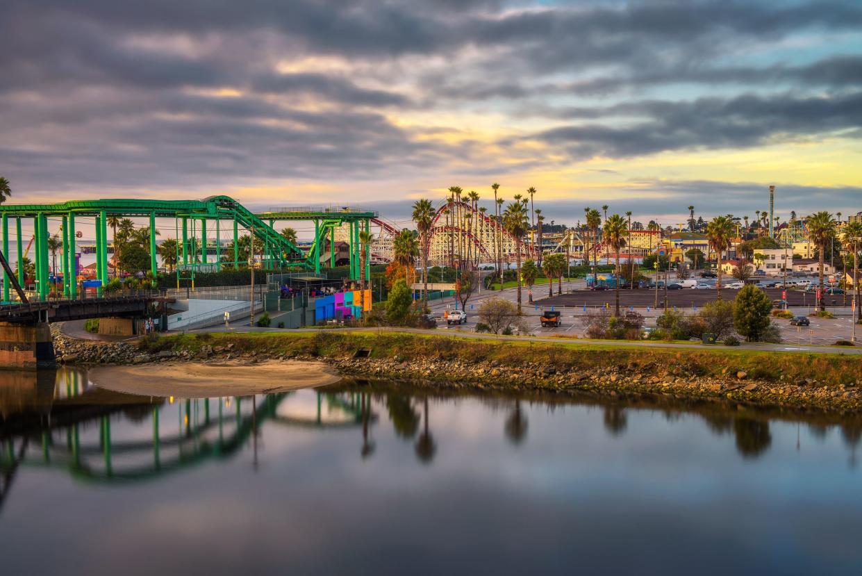 Sunrise over the Santa Cruz skyline, San Lorenzo River and an the Beach Boardwalk amusement park