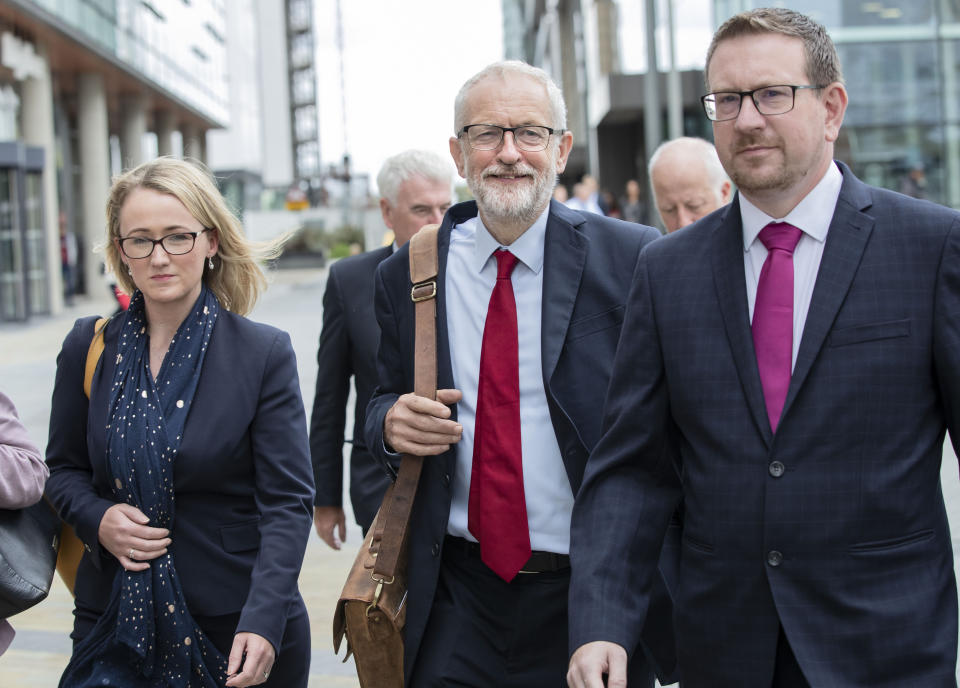 Labour leader Jeremy Corbyn (centre) walks with shadow business secretary Rebecca Long-Bailey and shadow communities secretary Andrew Gwynne, followed by shadow chancellor John McDonnell, during a walkabout at MediaCityUK in Salford prior to holding a shadow cabinet meeting.