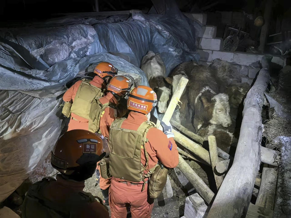 In this photo released by Xinhua News Agency, rescuers search through a quake-affected area in Yamansu Township, Wushi County of Aksu prefecture, China's Xinjiang, Tuesday, Jan. 23, 2024. An earthquake struck a sparsely populated part of China’s western Xinjiang region early Tuesday, injuring people and damaging or collapsing scores of homes in freezing cold weather, authorities said. (Wang Xudong/Xinhua via AP)