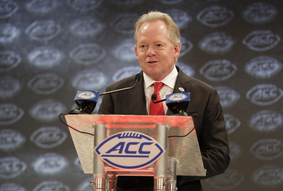 Louisville head coach Bobby Petrino answers a question during a news conference at the NCAA Atlantic Coast Conference college football media day in Charlotte, N.C., Thursday, July 19, 2018. (AP Photo/Chuck Burton)