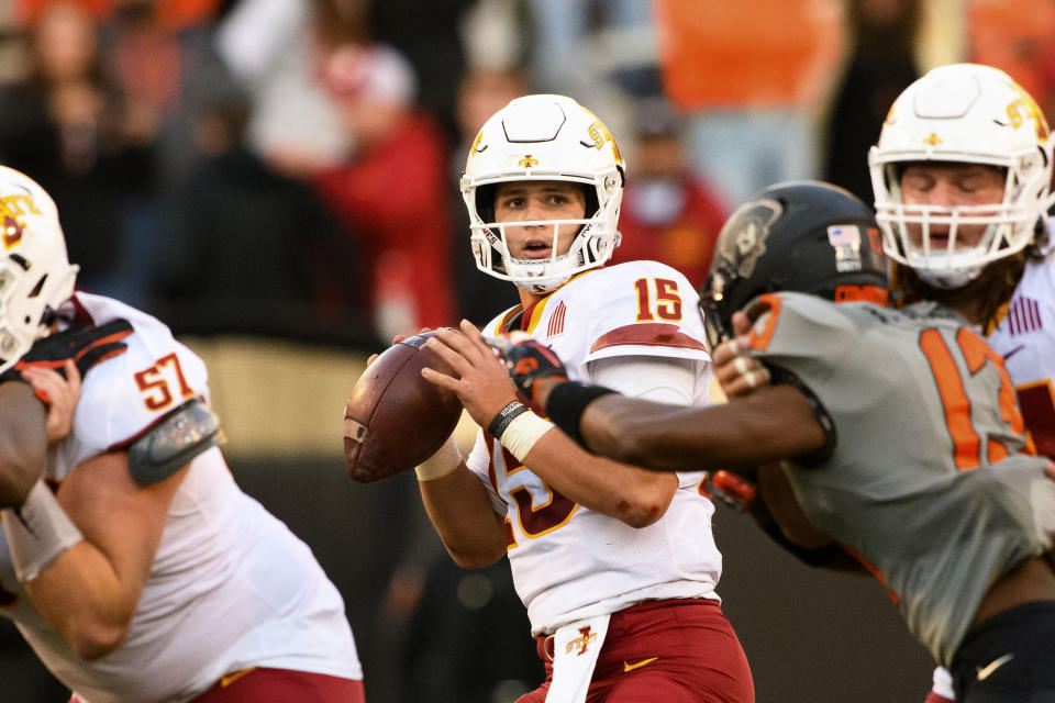 Iowa State quarterback Brock Purdy (15) looks for a receiver during an NCAA college football game Saturday, Oct. 24, 2020, in Stillwater, Okla. (AP Photo/Brody Schmidt)