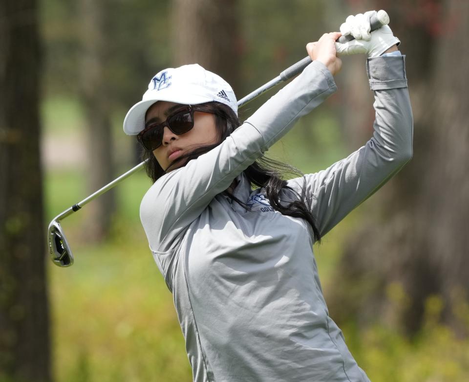 Flanders, NJ - April 26, 2023 — Morris County Girls Golf Tournament at Flanders Valley Golf Course.  Kylie Miralles of Morris Catholic teeing off.