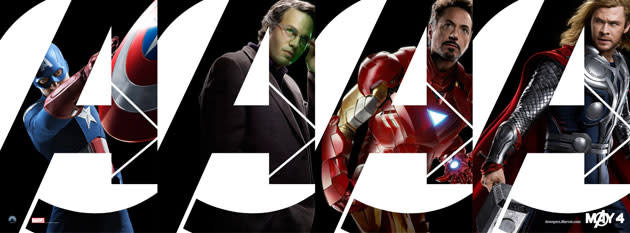 Chris Evans as Captain America, Mark Ruffalo as Bruce Banner, Robert Downey Jr. as Iron Man, and Chris Hemsworth as Thor in Marvel's 'The Avengers'