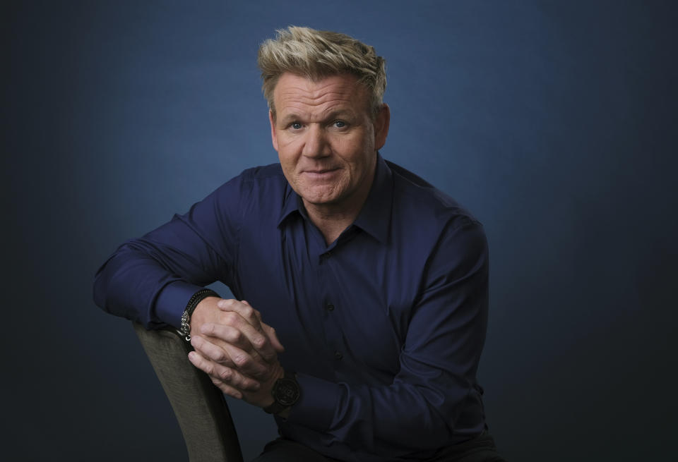 FILE - This July 24, 2019 file photo shows chef and TV personality Gordon Ramsay posing for a portrait to promote his National Geographic television series "Gordon Ramsay: Uncharted," in Beverly Hills, Calif. Stay-at-home orders, traveling fears and the cancellation of sporting events, concerts and theme parks have forced the Make-a-Wish foundation to come to a stand-still, leaving young people’s requests in holding patterns. The charity has introduced “Messages of Hope,” encouraging the public and celebrities to record inspiring messages and upload them to social media, and so far, stars like Ramsay have already participated.(Photo by Chris Pizzello/Invision/AP, File)