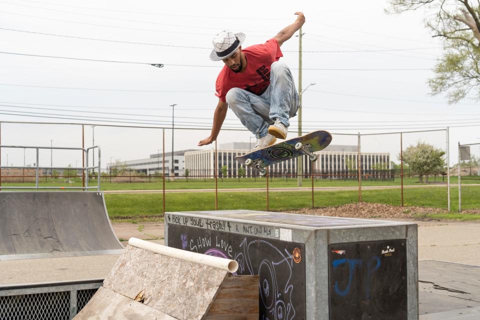 Edward Hernandez of Pontiac gets airborne on his skateboard on May 12, 2023 at an antiquated skateboarding area in Pontiac, about 300 yards from the groundbreaking for a new skateboard park, funded in part by Oakland County and the Ralph C. Wilson Jr. Foundation.