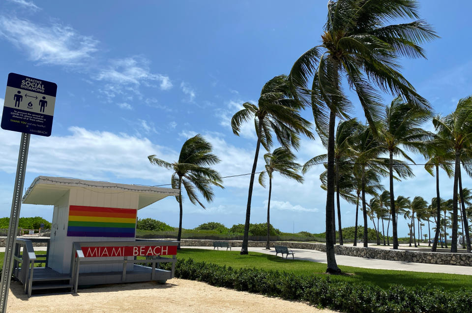 Palm trees bend in the winds preceding Hurricane Isaias in Miami Beach, Florida, U.S. August 1, 2020.  REUTERS/Liza Feria