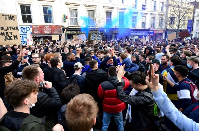 Chelsea fans staged a protest outside Stamford Bridge as their club helped launch the original Premier League in 2021.