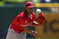 Los Angeles Angels starting pitcher José Soriano delivers during the first inning of a baseball game against the Pittsburgh Pirates in Pittsburgh, Wednesday, May 8, 2024. (AP Photo/Gene J. Puskar)