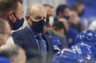 Buffalo Sabres head coach Ralph Krueger looks on during the first period of an NHL hockey game against the New York Islanders, Monday, Feb. 15, 2021, in Buffalo, N.Y. (AP Photo/Jeffrey T. Barnes)