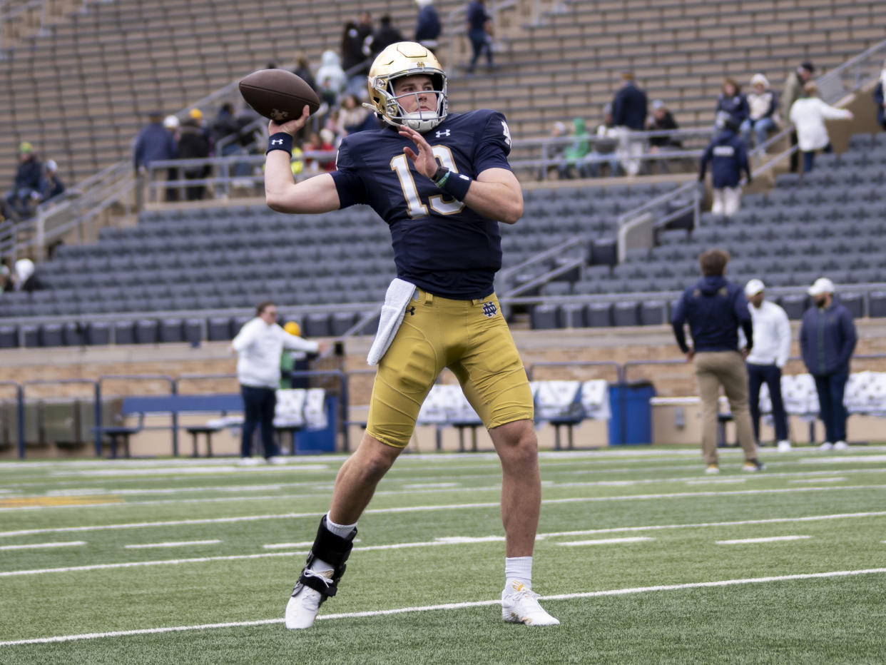 Notre Dame's Riley Leonard, a Duke transfer, is the top quarterback in Nate Tice's 2025 NFL Draft big board entering the fall. (Photo by Joseph Weiser/Icon Sportswire via Getty Images)