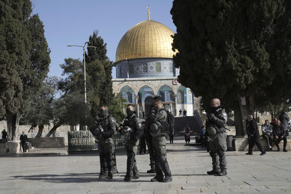 Israeli police are deployed at the Al-Aqsa Mosque compound following a raid at the site in the Old City of Jerusalem during the Muslim holy month of Ramadan, Wednesday, April 5, 2023. Palestinian media reported police attacked Palestinian worshippers, raising fears of wider tension as Islamic and Jewish holidays overlap.(AP Photo/Mahmoud Illean)