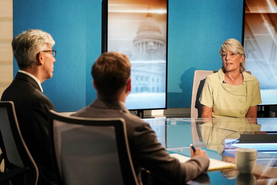 1st Congressional District Republican candidate Terri Flynn with Ian Donnis, left, and Patrick Anderson, center, in Thursday's interview. [Glenn Osmundson/Special to The Providence Journal]