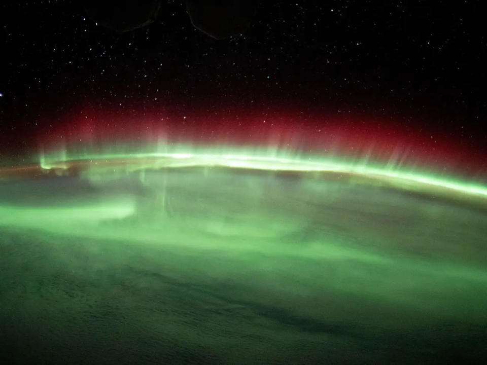 Ein leuchtendes Polarlicht am Horizont über dem Indischen Ozean, nordöstlich der französischen Süd- und Antarktisgebiete, im August. - Copyright: NASA