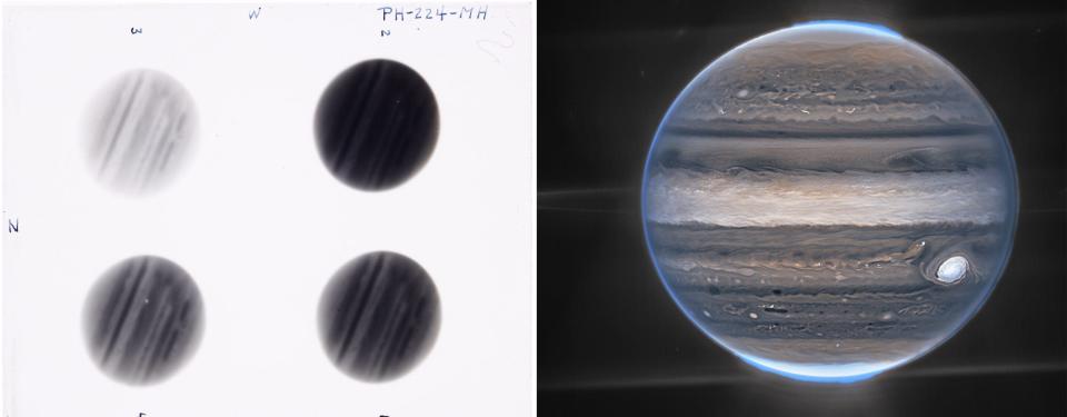 Image of Jupiter on glass plate taken in 1927, left.  Webb image of Jupiter taken in 2022, right.