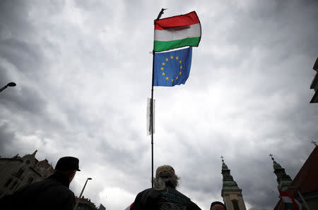 People protest against the government at a rally organised by opposition parties during Hungary's National Day celebrations, which also commemorates the 1848 Hungarian Revolution against the Habsburg monarchy, in Budapest, Hungary, March 15, 2019. REUTERS/Lisi Niesner