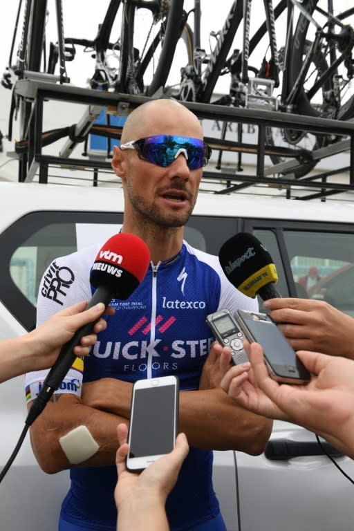 Tom Boonen answers journalists at Tour of Oman between Nakhal and Al-Bustan on February 15, 2017