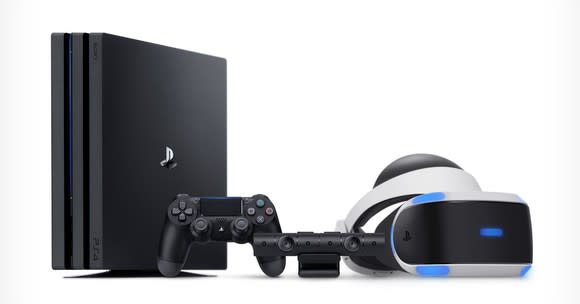 A Sony PS4 and PlayStation VR headset.