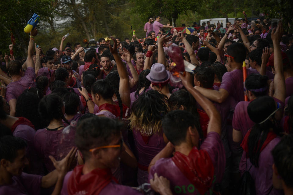 <p>People take part in a wine battle, in the small village of Haro, northern Spain, Friday, June 29, 2018. (Photo: Alvaro Barrientos/AP) </p>