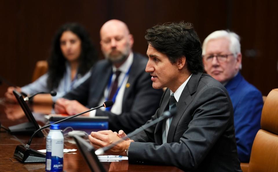 Prime Minister Justin Trudeau takes part in a bilateral meeting with Antonio Guterres, Secretary General of the United Nations, at United Nations headquarters on Sunday, Sept. 22, 2024.