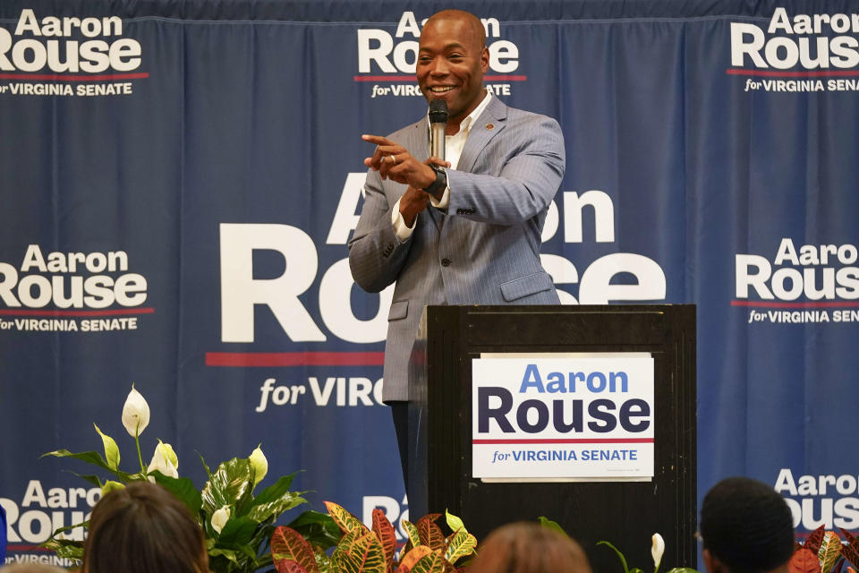 Virginia State Sen. Aaron Rouse speaks at a campaign rally on Nov. 4, 2023, Virginia Beach, Va. Dueling Virginia legislative proposals backed by differing gambling companies would open the door for an expansion of slots-like betting machines in businesses like truck stops, restaurants and convenience stores around the state. (AP Photo/Bryan Woolston, file)