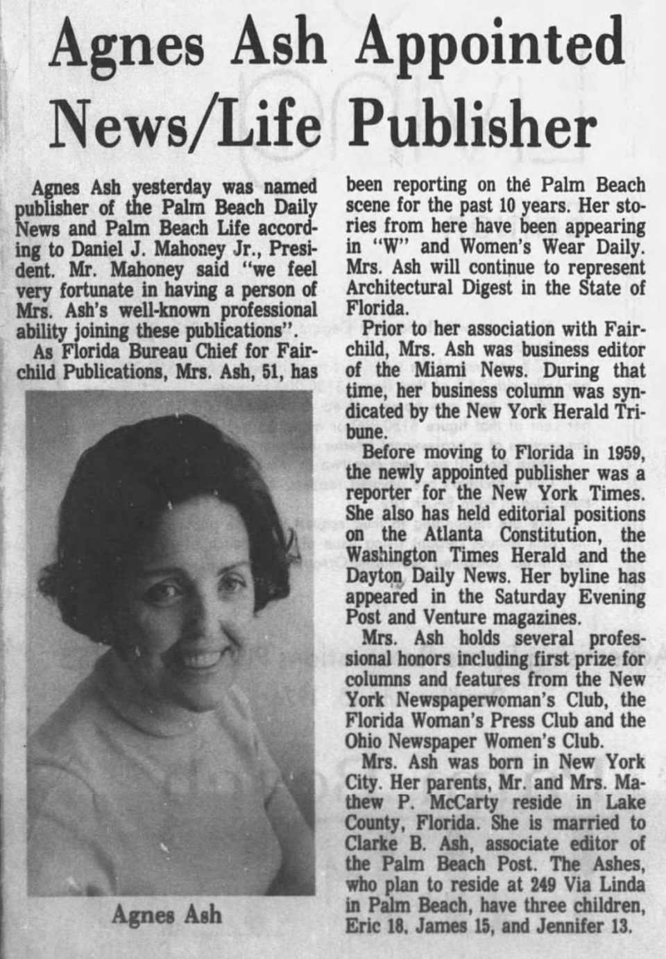 This newspaper article from July 4, 1976, announced the appointment of Agnes Ash as publisher of Palm Beach Daily News and Palm Beach Life.