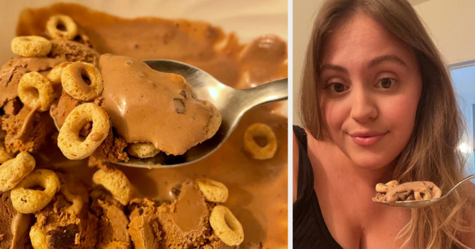 Hannah eating chocolate ice cream with Cheerios