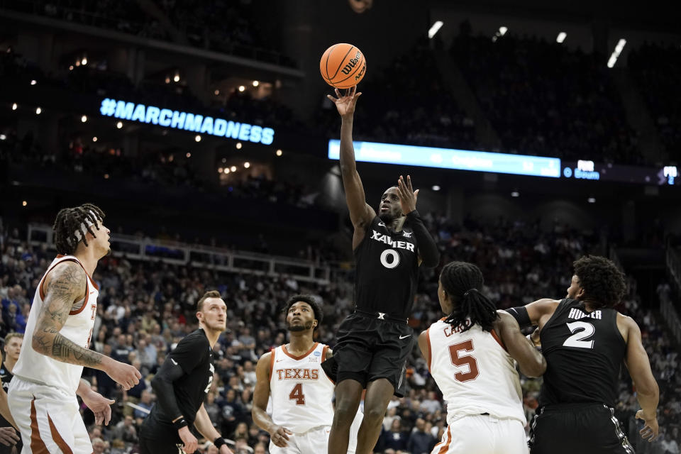 Xavier guard Souley Boum shoots against Texas in the first half of a Sweet 16 college basketball game in the Midwest Regional of the NCAA Tournament Friday, March 24, 2023, in Kansas City, Mo. (AP Photo/Charlie Riedel)