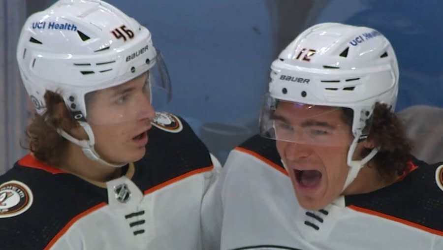 Hockey fans lost their collective minds after Ducks rookie Trevor Zegras and linemate Sonny Milano connected for an absolutely ridiculous goal on Tuesday. (Getty)