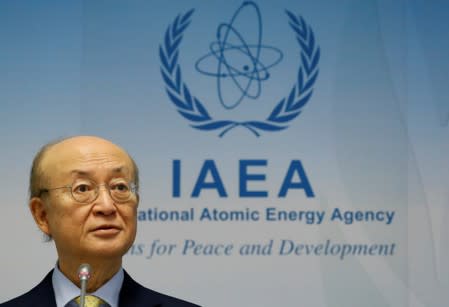 IAEA Director General Amano addresses a news conference at the IAEA headquarters in Vienna
