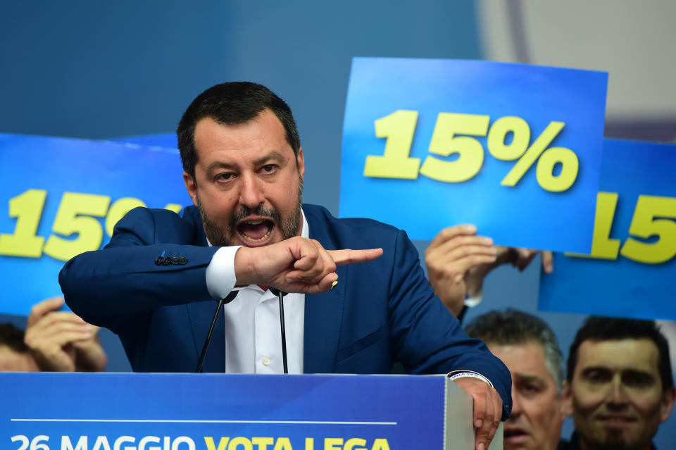 Leader of Northern League party, Matteo Salvini speaks during demonstration ahead of the European elections in Piazza Duomo on May 18, 2019 in Milan, Italy. (Photo: Pier Marco Tacca/Getty Images)