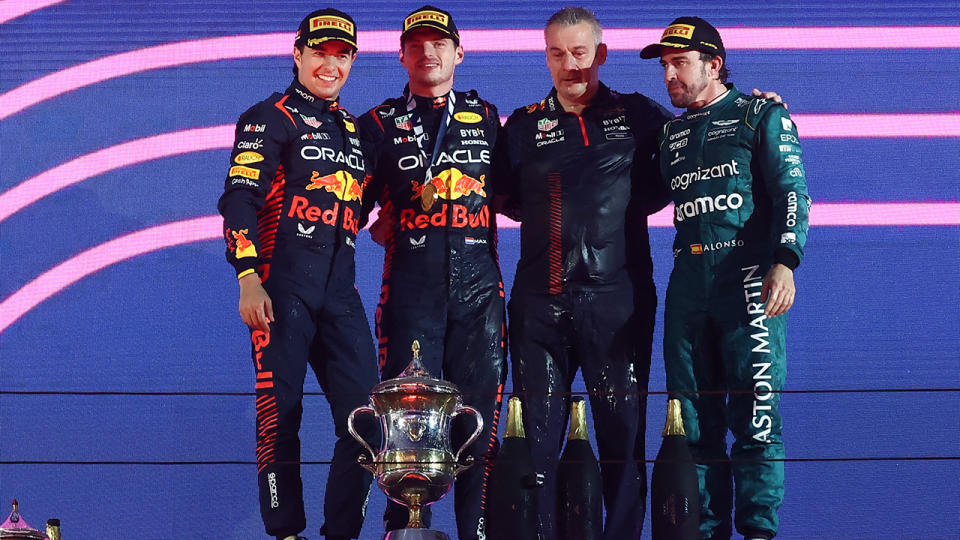 Sergio Perez, Max Verstappen and Fernando Alonso on the F1 podium at the Bahrain GP.