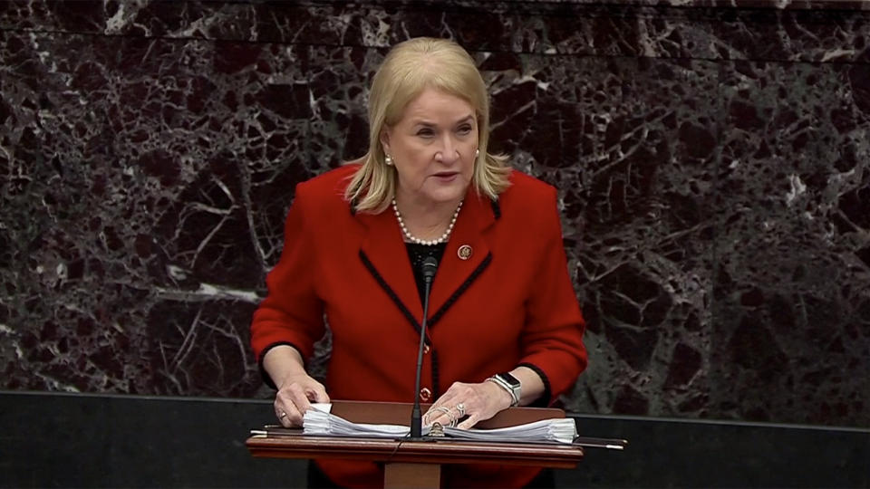 House Manager Rep. Sylvia Garcia speaks on the Senate floor during the impeachment trial for President Donald J. Trump on Jan. 23, 2020 in Washington, DC. (Screengrab: Senate TV via Yahoo News)