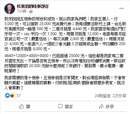 教授杜紫宸在臉書發文，以自家五口為例，批振興券對經濟沒額外貢獻。   圖: 翻攝自杜紫宸的時事諍言臉書