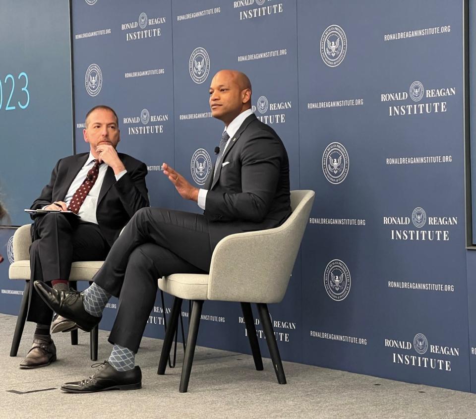 Chuck Todd, of NBC News, left, and Maryland Gov. Wes Moore, right, speak about education at the Ronald Reagan Institute on May 25, 2023 in Washington, D.C.