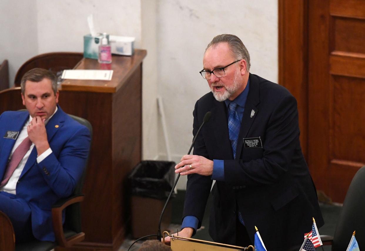 S.D. Senate Minority Whip Reynold Nesiba speaks during the first day of legislative session on Tuesday, January 10, 2023, at the South Dakota State Capitol in Pierre.