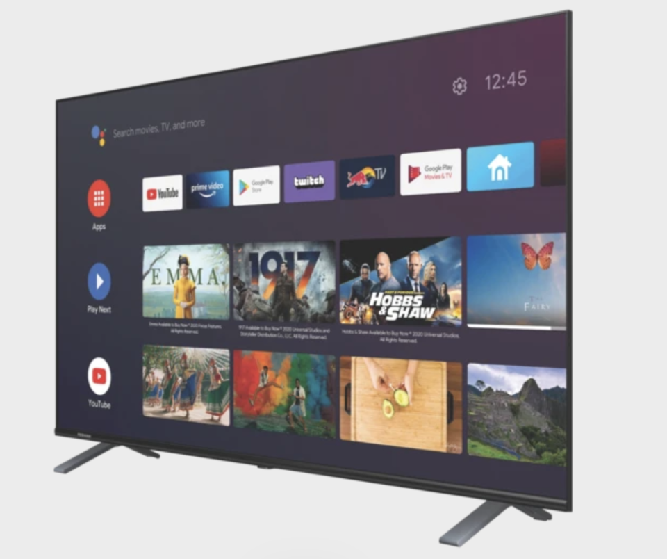 The Toshiba 43 inch 4K UHD Android TV on a white background