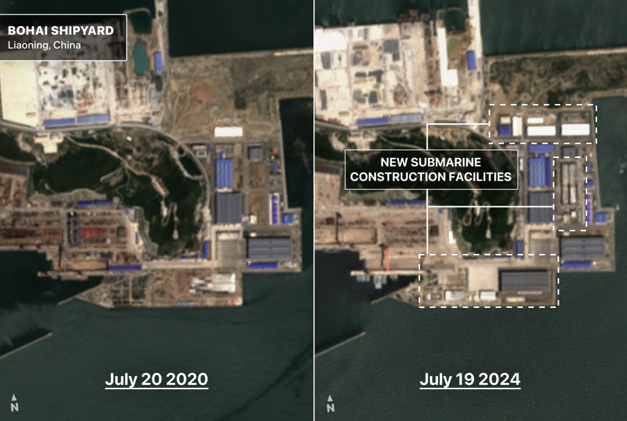 <span class="copyright">Construction at Bohai Shipyard in China. Source: H I Sutton, USNI News (site identification) and the European Union (Copernicus Sentinel data 2020 and 2024, processed with EO Browser). Coordinates: 40.7148, 121.0286.</span>