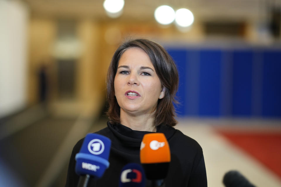 German Foreign Minister Annalena Baerbock speaks with the media as she arrives for a meeting of EU foreign and defense ministers at the Prague Congress Center in Prague, Czech Republic, Wednesday, Aug. 31, 2022. (AP Photo/Petr David Josek)