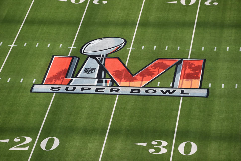 FILE – The Super Bowl LVI logo painted on the field prior to Super Bowl LVI between the Cincinnati Bengals and the Los Angeles Rams on February 13, 2022, at SoFi Stadium in Inglewood, CA. (Photo by Brian Rothmuller/Icon Sportswire via Getty Images)