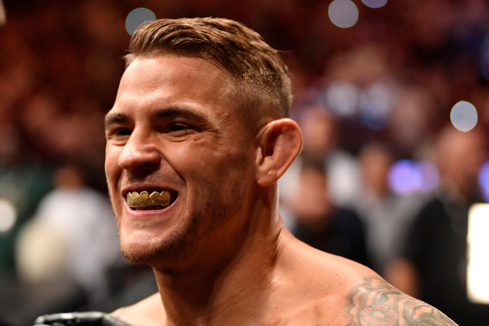 ABU DHABI, UNITED ARAB EMIRATES - SEPTEMBER 07:  Dustin Poirier prepares to enter the Octagon prior to his lightweight championship bout against Khabib Nurmagomedov of Russia during UFC 242 at The Arena on September 7, 2019 in Yas Island, Abu Dhabi, United Arab Emirates. (Photo by Jeff Bottari/Zuffa LLC/Zuffa LLC via Getty Images)