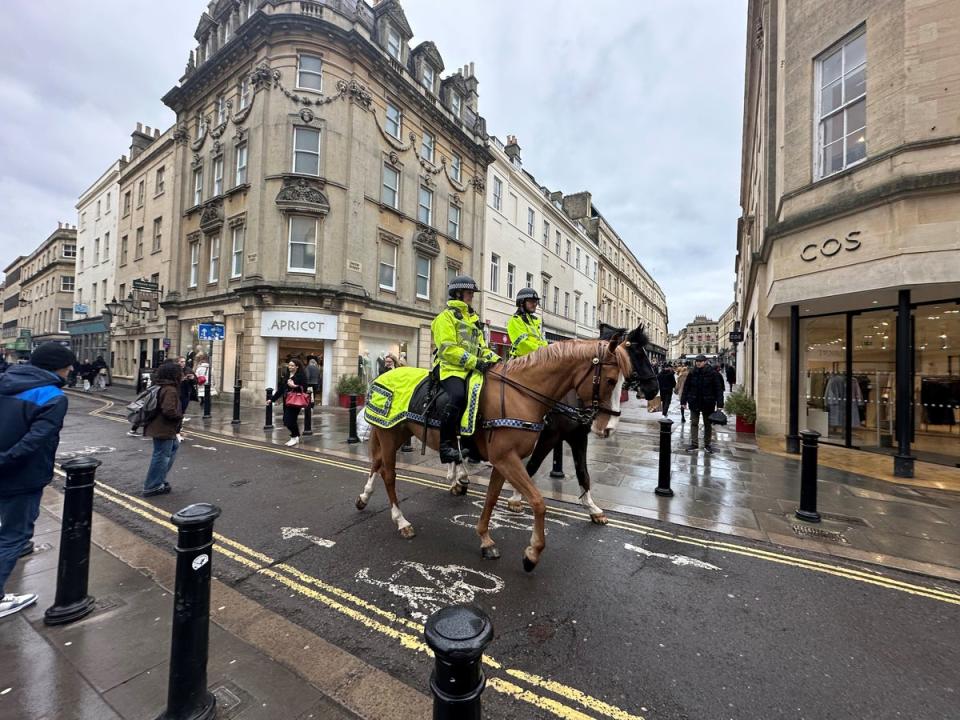 Two mounted police officers patrol Bath city centre as part of an initiative since a stabbing in a city centre park in January (The Independent)