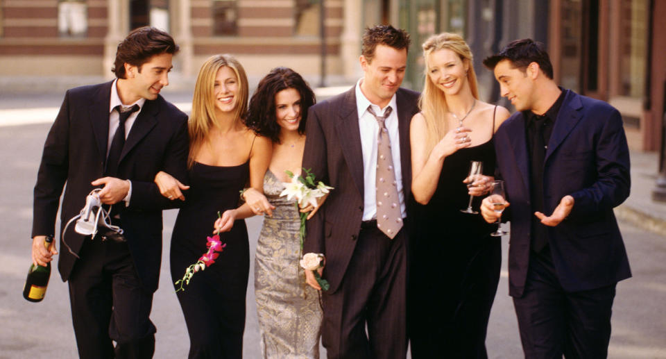 David Schwimmer as Ross Geller, Jennifer Aniston as Rachel Green, Courteney Cox as Monica Geller, Matthew Perry as Chandler Bing, Lisa Kudrow as Phoebe Buffay, Matt LeBlanc as Joey Tribbiani. (Photo by Warner Bros. Television)