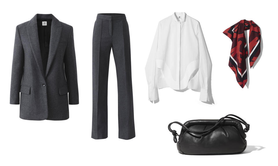 <p><i>Update your fall workwear with a classic heather grey suit from H&M. Pair it with a crisp white oxford shirt, a colorful graphic scarf, and a leather bag. (Photo courtesy of H&M) </i></p>