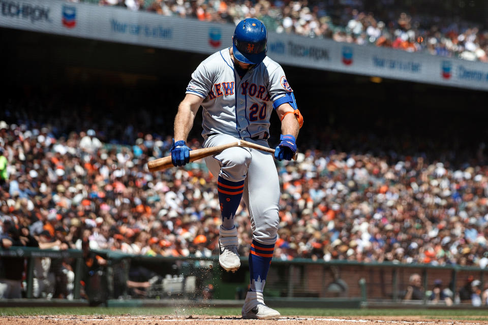 SAN FRANCISCO, CA - JULY 21: Pete Alonso #20 of the New York Mets breaks his bat over his knee after striking out against the San Francisco Giants during the third inning at Oracle Park on July 21, 2019 in San Francisco, California.  (Photo by Jason O. Watson/Getty Images)