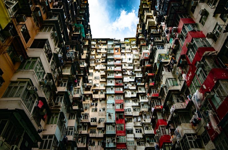 The Yick fat building in Hong Kong, seen from below.