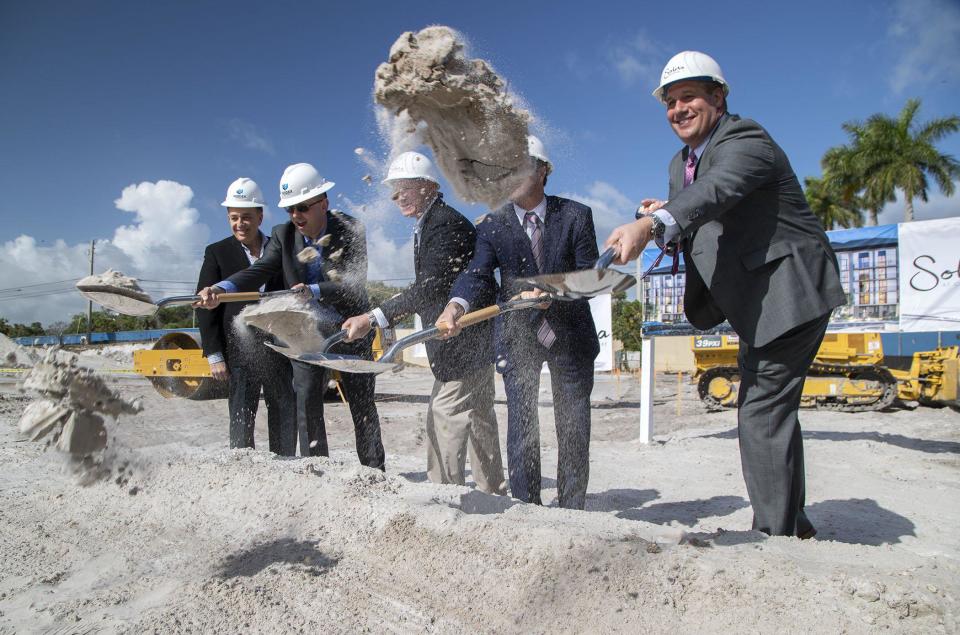 Albert Codoves, president of Corwil Architects; Ondrej David, I.C.P. Investments; Jack Weir, president of Eastwind Development; Mark Marciano, mayor of Palm Beach Gardens; and Richard A. Giesler, president of Florida Region of M&T Bank (L to R) break ground for Solera at City Center,  a five story, 136-unit, apartment complex in Palm Beach Gardens that will include 14 units set aside for workforce housing.