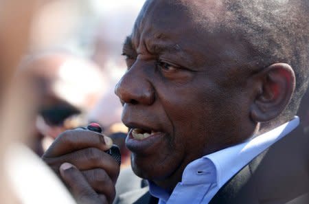 South African President Cyril Ramaphosa speaks during a visit to crime ridden Hanover Park township to launch a new Anti-Gang Unit, in Cape Town, South Africa  November 2, 2018.  REUTERS/Mike Hutchings