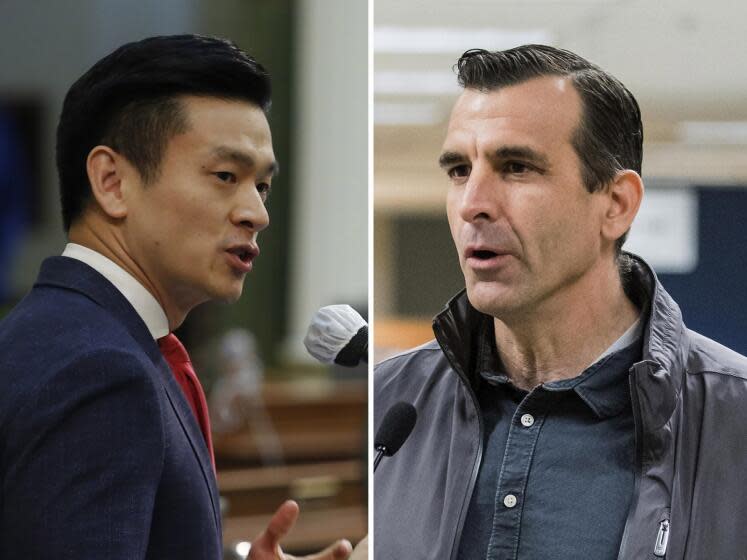 Left: In this June 10, 2020 file photo Democratic Assemblyman Evan Low speaks on the floor of the Assembly at the Capitol in Sacramento, Calif. (AP Photo/Rich Pedroncelli, File) Right: San Jose, Calif., Mayor Sam Liccardo speaks during a news conference in Sunnyvale, Calif., on March 28, 2020. (Beth LaBerge/KQED via AP, Pool, File)