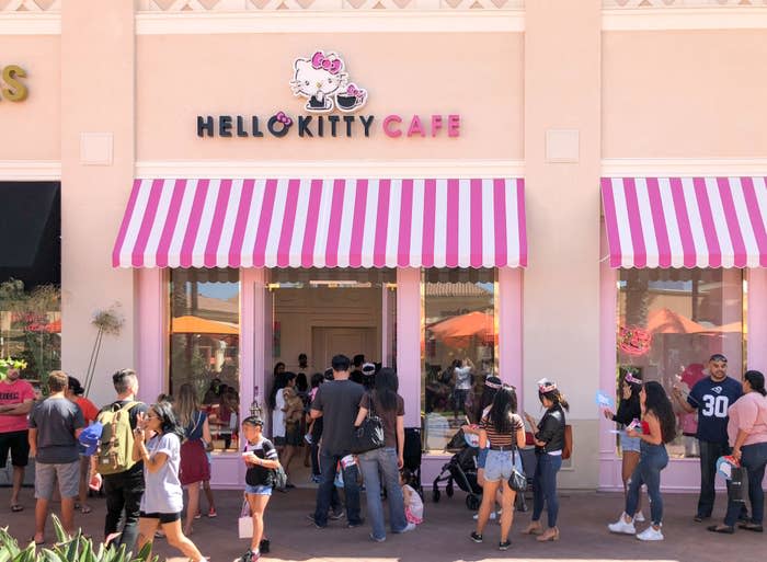 People are in line at the Hello Kitty Grand Cafe