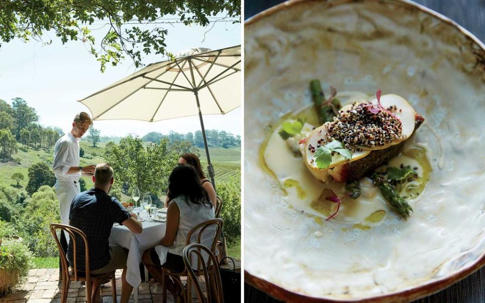 From left: Bistro Molines, in Australia’s Hunter Valley, serves French country fare overlooking the vineyards; pan-fried snapper, asparagus, clam velouté, and parsley oil at Emerson’s, in Lovedale.